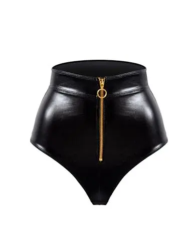 Produktbild: LOVE YOU SEXY Damen Kunstleder High-Waist Unterhosen mit Reißverschluss, Schwarz Unterhosen, XL