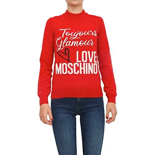 Produktbild: Love Moschino Damen Regular fit Turtleneck Long Sleeve with Embroidered Slogan and Logo Intarsia in Front Pullover Sweater, RED, 44