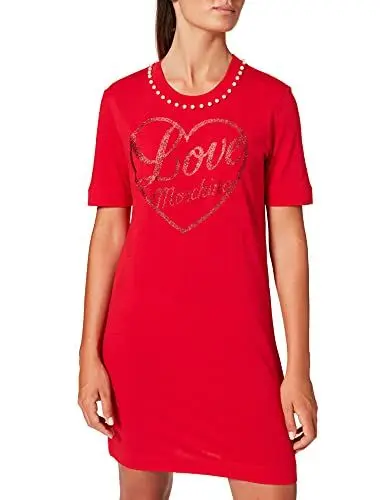 Produktbild: Love Moschino Damen Regular fit t-Shirt Short Sleeves,Trimmed with Pearls Around The Neckline Casual Dress, Rot, 34