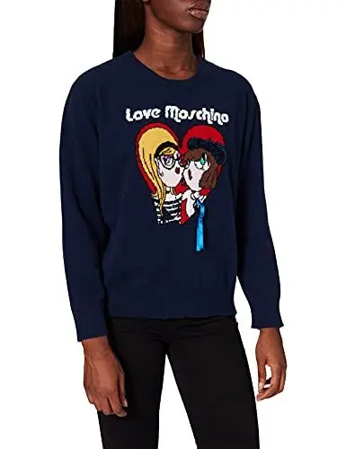 Produktbild: Love Moschino Damen Round Neck Long Sleeves, with Themed Dolls Intarsia and Sequin Accents Pullover Sweater, Dark Blue, 38