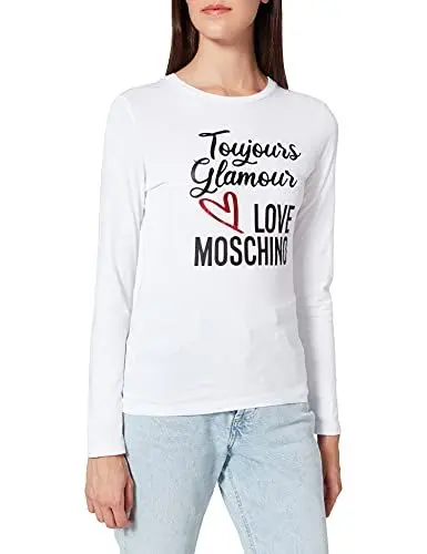 Produktbild: Love Moschino Womens Fitted Long Sleeve 30/1 Cotton Jersey. Customized with Glitter Print of Seasonal Slogan and Logo. T-Shirt, Optical White, 38