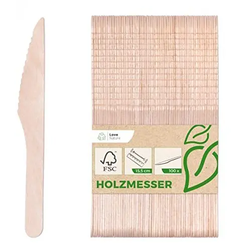 Produktbild: Love Nature Einwegbesteck Holzmesser 100 Stück - Holzbesteck Einweg - Party Besteck Einweg aus Birkenholz - Einwegmesser Umweltfreundlich