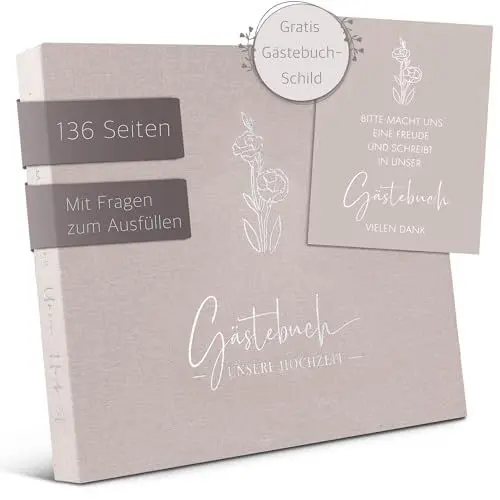 Produktbild: Love Notes® Gästebuch Hochzeit mit Fragen zum Ausfüllen – Hochwertiges Hochzeitsbuch für unvergessliche Erinnerungen, Edle Silber Prägung, 70 Gästeeinträge, 21 x 23 cm, Leinen Hardcover (Sandbeige)
