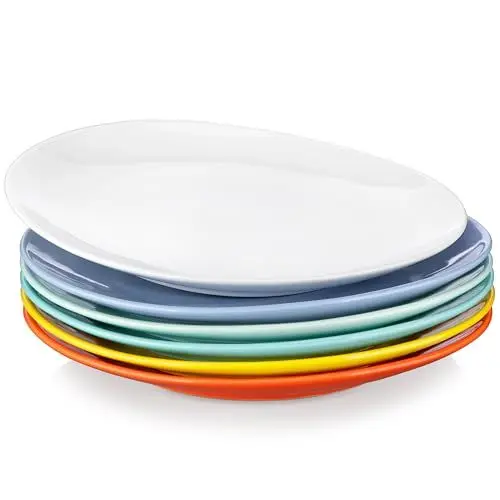 Produktbild: LOVECASA 6er Set Essteller, Eiform, Speiseteller Set Porzellan, Tafelservice porzellan, Flachteller, Frühstücksteller 28 x 23,8 x H 2,5 cm, Bunte Serie
