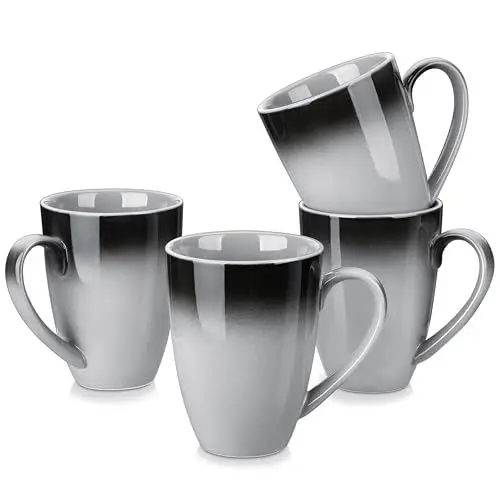 Produktbild: LOVECASA Kaffeebecher Set, 4-teiliges Kaffeetassen Set, Kaffeetassen Teetassen aus Steinzeug mit Henkel, Kaffeetasse Groß 550ml Becher Teetasse Kaffeebecher Bechersets | Schwarzer-Grauer Farbverlauf
