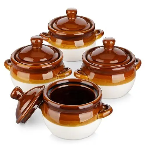 Produktbild: LOVECASA Onion Soup Bowls, French Onion Soup Crocks, 4 Stück Steingut Zwiebelsuppe Schalen Set, 780ml Soup Bowls with Handles Soup Bowls with Lids for Soup für Zwiebelsuppe, Eintöpfe, Kasserolle