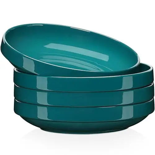 Produktbild: LOVECASA Tafelservice porzellan, 4-teiliges Suppenteller Set, Tiefteller Set, Pastateller, Nudelteller, Salatteller, Stapelbares Geschirr Set für 4 Personen, 1020 ML, dunkelgrün