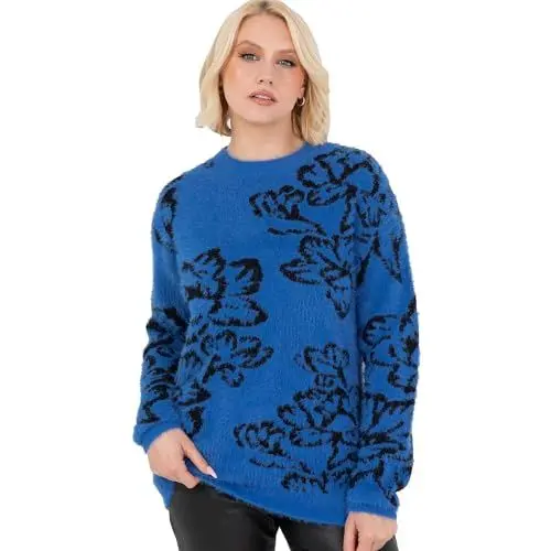 Produktbild: Lovedrobe Women's Jumper Ladies Sweater Round Crew Neck Long Sleeve Floral Jacquard Elasticated Stretchy Casual Pullover Knitwear, Blau 44-46
