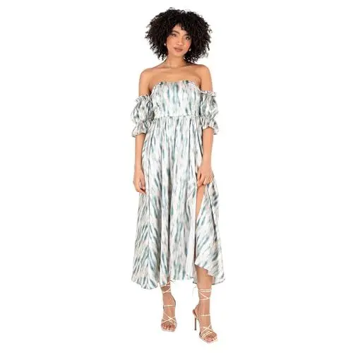 Produktbild: Lovedrobe Women's Ladies Midaxi Dress Bardot Off-The-Shoulder Neckline Short Ruffle Sleeve A-line Split Leg Abstract Print, Blau 44