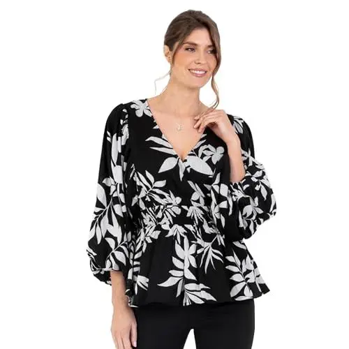 Produktbild: Lovedrobe Women's Ladies Wrap Top Peplum Blouse V-Neck Long Balloon Sleeve Leaf Print Fit and Flare A-line Smart Casual Monochrome 38