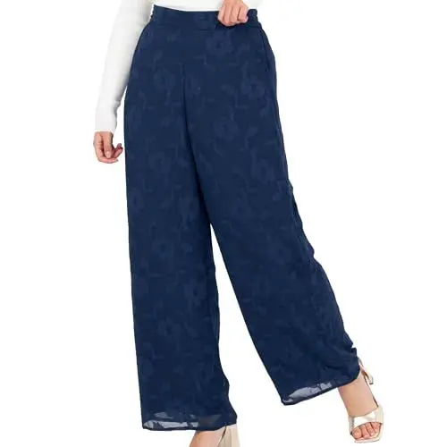 Produktbild: Lovedrobe Women's Palazzo Trousers Ladies Wide Leg Pants Floral Print Chiffon Bottoms Smart Casual Party Office Wear, Marineblau 46