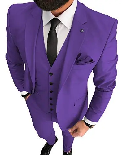Produktbild: LoveeTux Herren anzüge 3-teilig Formell Revers Feste Business-Smoking Ball Anzug Slim Fit Groomsmen für die Hochzeit(Blazer+Weste+Hose)(44S, Lila)