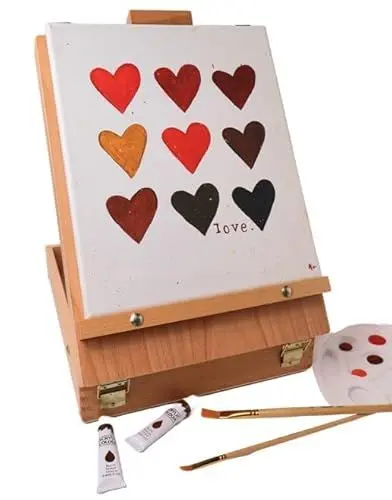 Produktbild: Loveria Tischstaffelei Holz, Acrylfarbe Set | Kompletter Malkoffer mit integrierter Staffelei aus Buchenholz | 24 Acrylfarben, 10 Pinsel, 2 Bleistife, Leinwand und vieles mehr