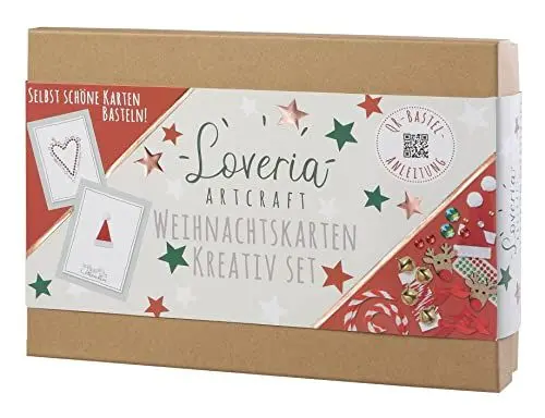 Produktbild: Loveria Weihnachtskarten zum Basteln | 16 Postkarten, 16 rote Umschläge | inkl Satinschleife, Sticker, Glöckchen, Klebedotties und weiterem Bastelzubehör, Kling Glöckchen