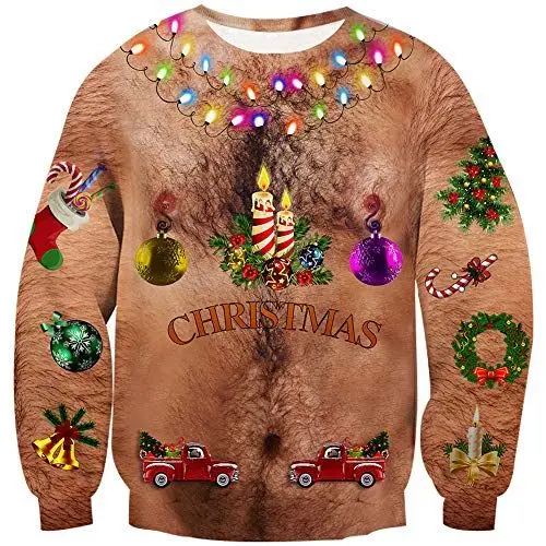 Produktbild: Loveternal Christmas Hemd Unisex Ugly Sweater 3D Druck Hässliche Weihnachtspullover Langarm Xmas Pullover Hairy Chest Jumper M