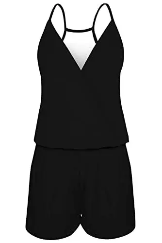 Produktbild: Loveternal Damen Jumpsuit Elegant Schwarz V Ausschnitt Ärmellos Schulterfrei Kurz Overall Sommer Strand Einteiler Playsuit mit Taschen, XL
