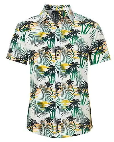 Produktbild: Loveternal Funky Hawaiihemd Herren Kurzarm Fronttasche Palmenblätter Hawaii-Print Strand Beach Palmen Diverse Farben L