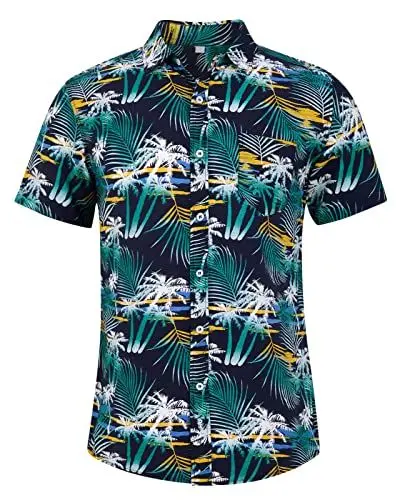 Produktbild: Loveternal Hawaii Hemd Männer 3D Floral Blumenmuster Baumwolle Kurzarm Hawaiihemd Sommer Freizeithemden für Herren Casual Urlaub Hemd Reise Shirt L, Palme