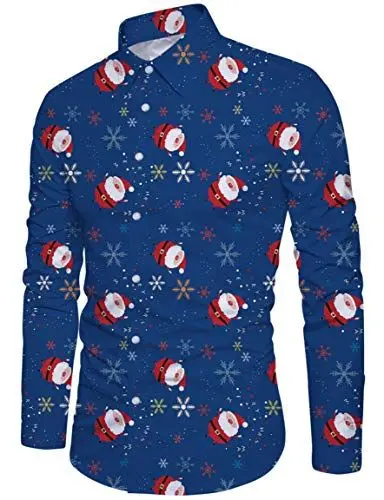 Produktbild: Loveternal Hemd Weihnachten Cat Christmas Shirt Herren 3D Druck Hemden Weihnachten Weihnachtsmann Langärm Slim Fit Funky Xmas Shirt XL Blau
