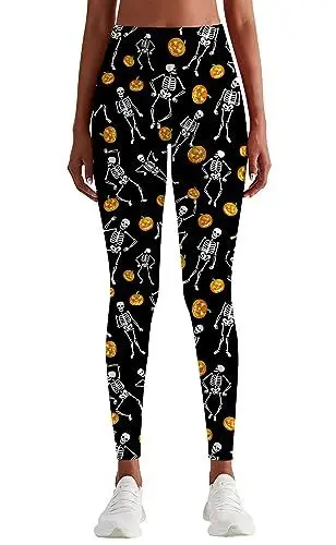 Produktbild: Loveternal Damen Leggings Skelett Kürbis Druck Sport Lang Elegant Yoga Hosen Blickdicht High Waist Frauen Laufhose Fitnesshose Trainingshose Sportleggins Streetwear L