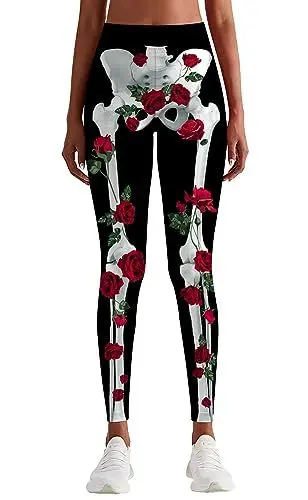 Produktbild: Loveternal Leggings für Damen Skelett Rot Blume Druck Hose Lange Bunte Strumpfhose Stretch Sporthose Christmas Kleidung Workout Fitness Yoga Hose Tights für Frauen Geschenk S