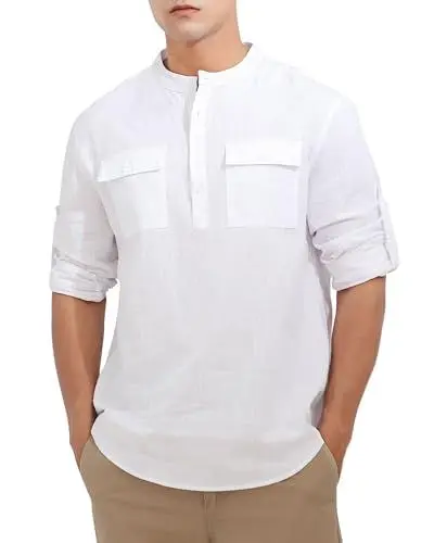 Produktbild: Loveternal Leinenhemd Herren Baumwollhemden Langarm Hemden Henley Herrenhemden Regular Fit Stehkragen Sommerhemd für Männer Casual Freizeithemden mit Tasche Business Shirts Anzug Hemd Weiß L