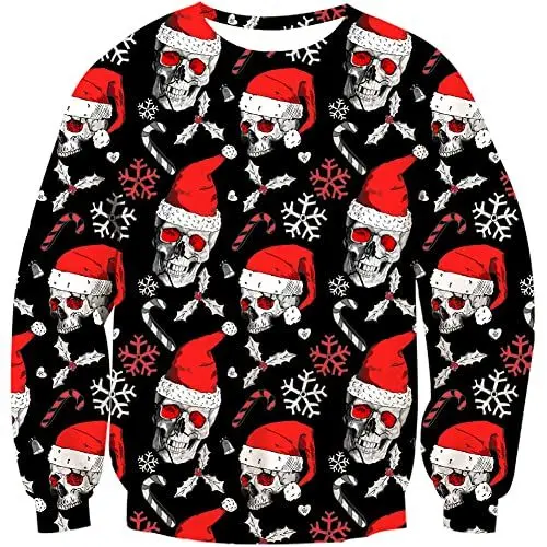 Produktbild: Loveternal Ugly Christmas Pullover Weihnachtsmütze Schädel Weihnachtspullover Damen 3D Druck Xmas Sweater Langarm Schneeflocke Pullover Jumper L