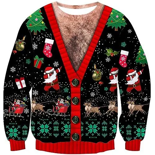 Produktbild: Loveternal Ugly Christmas Pullover Weihnachtsmütze Brustbehaarung Weihnachtspullover Damen 3D Druck Xmas Sweater Langarm Schneeflocke Pullover Jumper L