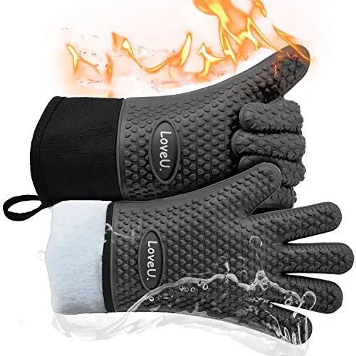 Produktbild: Loveuing Ofenhandschuhe aus Silikon und Baumwolle, doppellagig, hitzebeständig, Grillhandschuhe, perfekt zum Backen und Grillen, 1 Paar (Universelle Größe, schwarz lang)