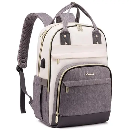 Produktbild: LOVEVOOK Rucksack Damen, 15.6 Zoll Laptop Rucksack Schulrucksack Mädchen Teenager Wasserdicht Schultasche Jungen Anti-Diebstahl mit Laptopfach für Schule Reise Business Lehrer, Beige Grau
