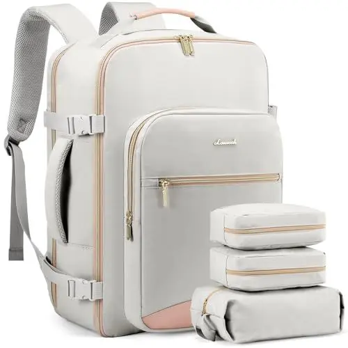 Produktbild: LOVEVOOK Handgepäck Rucksack Flugzeug, 40L Groß Reiserucksack Damen Kofferrucksack, Wasserdicht Reisetasche für 17 Zoll Laptop, Travel Backpack für Reise Geschäftsreise Business Wandern Weekend Grau