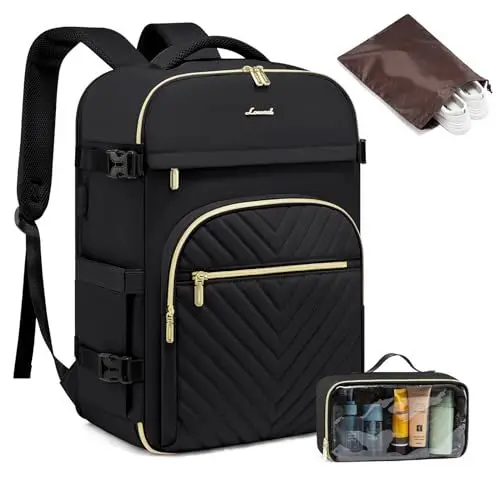 Produktbild: LOVEVOOK Handgepäck Rucksack Flugzeug, Reiserucksack Damen Groß 15,6 Zoll Laptop Travel Backpack Women Wasserdicht Reisetasche Weekender Bag 40L Carry On Kofferrucksack für Reise Business, Schwarz