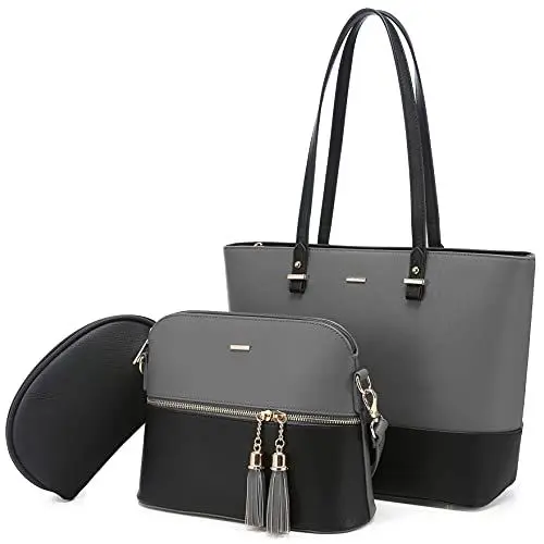 Produktbild: LOVEVOOK Handtasche Damen Schultertasche Handtaschen Tragetasche Damen Groß Designer Elegant Umhängetasche Henkeltasche Set 3-teiliges Set (B-grau schwarz)