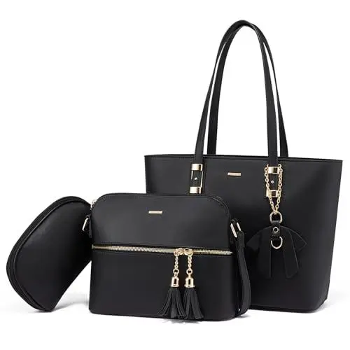Produktbild: LOVEVOOK Handtasche Damen Set, Shopper Schultertasche Umhängetasche Damen Schwarz Geldbörse Tragetasche Groß Damen Tasche Tote für Büro Schule Einkauf Reise, Handtaschen Schwarz