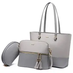 Produktbild: LOVEVOOK Handtasche Damen Shopper Schultertasche Blau Umhängetasche Damen Groß Damen Tasche für Büro Schule Einkauf Reise Leder Handtasche 3-teiliges Set, Hell Grau-Dunkelgrau
