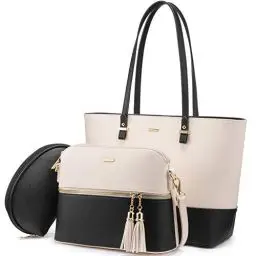 Produktbild: LOVEVOOK Handtasche Damen Shopper Schultertasche Blau Umhängetasche Geldbörse Tragetasche Groß Tasche Tote für Büro Schule Einkauf Reise Leder 3-teiliges Set, Beige-schwarz