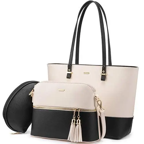 Produktbild: LOVEVOOK Handtasche Damen Schultertasche Handtaschen Tragetasche Groß Designer Elegant Umhängetasche Henkeltasche Set 3-teiliges Set (Beige-schwarz)…