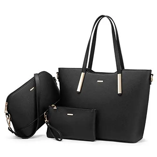 Produktbild: LOVEVOOK Handtasche Damen Shopper Schultertasche Schwarz Umhängetasche Damen Groß Damen Tasche Tote für Büro Schule Einkauf Reise Leder Handtasche 3-teiliges Set Schwarz
