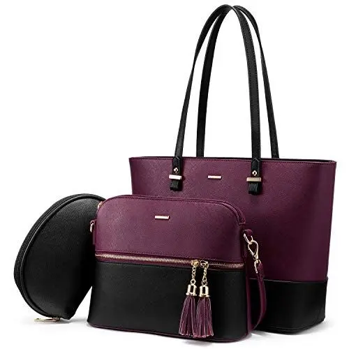Produktbild: LOVEVOOK Handtasche Damen Shopper Schultertasche Umhängetasche Damen Groß Damen Tasche für Büro Schule Einkauf Reise Handtasche 3-teiliges Set, Dunkellila