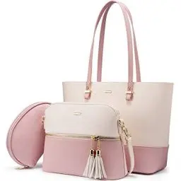 Produktbild: LOVEVOOK Handtasche Set Damen Shopper Schultertasche Umhängetasche Damen Geldbörse Tragetasche Groß Damen Tasche Tote für Büro Schule Einkauf Reise Leder Handtasche Aprikosenrosa