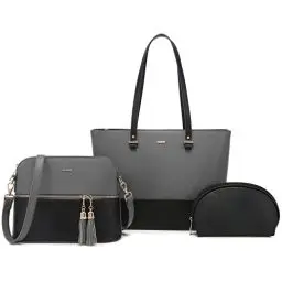 Produktbild: LOVEVOOK Handtaschen Damen Shopper Schultertasche Umhängetasche Damen Groß Damen Tasche für Büro Schule Einkauf Reise Handtasche 3-teiliges Set, Grau Schwarz