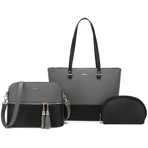 Produktbild: LOVEVOOK Handtaschen Damen Shopper Schultertasche Umhängetasche Damen Groß Damen Tasche für Büro Schule Einkauf Reise Handtasche 3-teiliges Set, Grau Schwarz