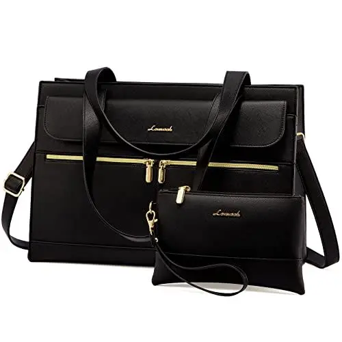 Produktbild: LOVEVOOK Laptop Handtasche Damen, Laptoptasche 15,6 Zoll Shopper Tasche Damen Groß, PU Leder Aktentasche Umhängetasche, Wasserdicht Arbeitstasche Lehrertasche für Business Büro Schule, Schwarz