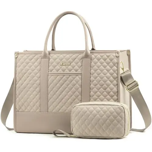 Produktbild: LOVEVOOK Laptoptasche Handtasche Damen 15,6 Zoll, Wasserdicht Arbeitstasche Groß Schultasche Shopper Tasche Aktentasche Lehrertasche, Leder Handbags Business Tasche für Büro Arbeit Uni Beige