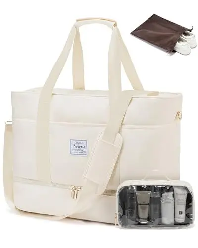Produktbild: LOVEVOOK Reisetasche Damen, Wasserdicht Weekender Travel Bag mit Schuhfach, Duffle Bag Kliniktasche Geburt Mommy Handgepäck Tasche Saunatasche Gym Sporttasche Schwimmtasche für Reise Ryanair Beige