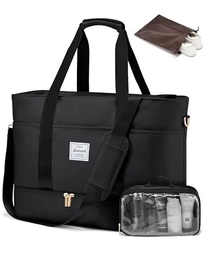 Produktbild: LOVEVOOK Reisetasche Damen, Wasserdicht Weekender Travel Duffel Bag mit Schuhfach, Kliniktasche Geburt Mommy Handgepäck Tasche Saunatasche Gym Sporttasche Trainingstasche für Reise Ryanair Schwarz