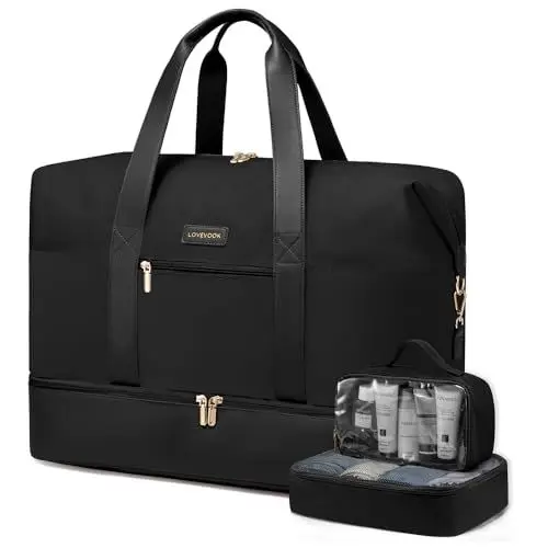 Produktbild: LOVEVOOK Reisetasche Damen Weekender Bag Groß, Handgepäck Tasche 45x36x20, Sporttasche Kliniktasche Geburt Travel Bag mit Kulturtasche Schuhfach für Flugzeug Reisen, Schwarz