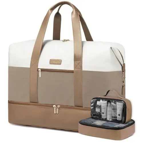 Produktbild: LOVEVOOK Reisetasche Damen Weekender Bag Groß Handgepäck Tasche Sporttasche Kliniktasche Geburt Travel Duffle Bag mit Kulturtasche Schuhfach für Flugzeug Reisen, Beige Khaki
