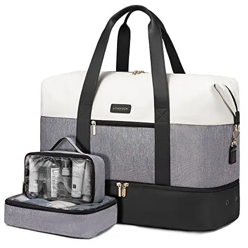 Produktbild: LOVEVOOK Reisetasche Sporttasche Damen, Leichte 60L Weekender Travel Bag, Kliniktasche Geburt mit Kulturtasche Schuhfach, Handgepäck Tasche Flugzeug für Ryanair, Beige Grau Schwarz