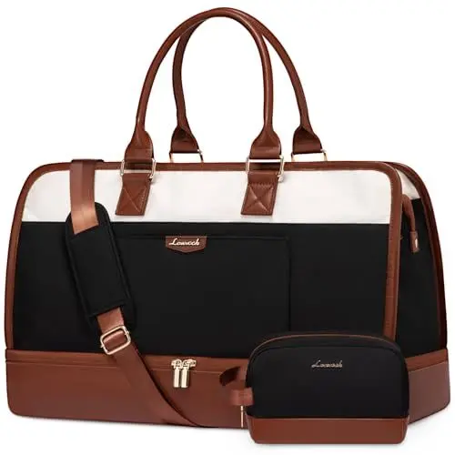 Produktbild: LOVEVOOK Reisetasche Weekender Damen Groß, 50L Handgepäck Tasche für Flugzeug, Kliniktasche Geburt Wasserdicht Sporttasche, Travel Bag Saunatasche Koffertasche für Reisen Gym, Beige Schwarz Braun